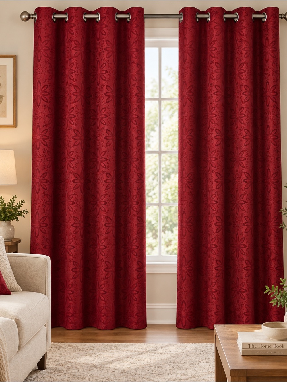 Red Floral Jacquard Grommet Curtain Panel - Home Accents
